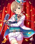  artist_request belt blue_eyes brown_hair confetti earrings fingerless_gloves gloves hat idolmaster idolmaster_cinderella_girls jewelry manaka_misato microphone nail_polish official_art red_nails ring shirt short_hair shorts solo striped striped_shirt thighhighs vertical-striped_shirt vertical_stripes vintage_microphone white_shorts 