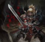  armor armored_boots blonde_hair blush boots breastplate clarent fate/apocrypha fate_(series) faulds fighting_stance gauntlets green_eyes grin hair_ornament hair_scrunchie holding holding_sword holding_weapon legs_apart looking_at_viewer mordred_(fate) mordred_(fate)_(all) pauldrons ponytail red_scrunchie scrunchie smile solo standing sword teeth visqi weapon 