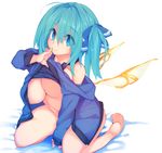  aqua_eyes aqua_hair bad_feet blue_ribbon breasts commentary_request daiyousei denpaken_pochi fairy_wings hair_ribbon kneeling large_breasts long_hair long_sleeves looking_at_viewer no_bra no_panties ribbon smile solo touhou wings 