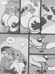  2018 anthro areola big_breasts breast_fondling breasts buckteeth canine clothed clothing comic dialogue digital_media_(artwork) dipstick_ears disney duo english_text eyes_closed female fondling fox freckles_(artist) gloves_(marking) greyscale hand_on_breast judy_hopps lagomorph licking male male/female mammal markings monochrome nick_wilde nipple_play nipples open_mouth rabbit teeth text tongue tongue_out topless url zootopia 