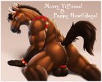  2018 animal_genitalia antlers anus balls bell bell_harness biceps big_balls big_butt big_muscles butt christmas clothing cock_ring dream_and_nightmare equine hair harness holidays horn horse male mammal mostly_nude muscular officer_munroe simple_background solo thong 