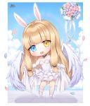  1girl :o animal_ears bangs bare_shoulders black_choker blonde_hair blue_eyes blue_flower blue_sky blush breasts bunny_ears chibi choker cloud cloudy_sky commentary_request commission day dress elbow_gloves eyebrows_visible_through_hair feathered_wings flower gloves heterochromia leaning_to_the_side long_hair medium_breasts open_mouth original petals pink_flower pong_(vndn124) shadow sky solo standing strapless strapless_dress tile_floor tiles upper_teeth very_long_hair white_dress white_footwear white_gloves white_wings wings yellow_eyes 