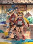  1girl animal bike_shorts blonde_hair blue_eyes blue_hair brick_wall bush cat closed_eyes dog domino_mask glasses goggles goggles_on_head gun highres inkling jacket jajji-kun_(splatoon) kim_han_seul mask minato_(minat0) n-zap_(splatoon) nes_zapper orange_hair outdoors paint paint_splatter pointy_ears ponytail poster_(object) sandals sharp_teeth shoes sign sitting slippers smile sneakers socks splatoon_(series) sunglasses teeth tentacle_hair tongue track_jacket translation_request weapon yawning yellow_eyes 