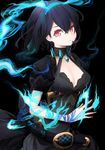  alice_(sinoalice) bangs black_background black_dress black_hair blue_fire breasts closed_mouth commentary_request crossed_bangs dress fire hair_between_eyes hairband hand_up looking_at_viewer medium_breasts naruwe red_eyes short_hair short_sleeves sinoalice solo upper_body 