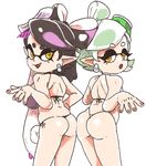  2girls aori_(splatoon) ass ass-to-ass bare_shoulders belly bikini black_bikini black_hair breasts commentary eyebrows fang green_hair hotaru_(splatoon) inkerton-kun large_breasts long_hair looking_at_viewer looking_back mole mole_under_eye multiple_girls parted_lips plump pointy_ears short_hair simple_background skindentation splatoon_(series) swimsuit tentacle_hair thighs very_long_hair white_background yellow_eyes 