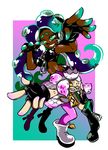  2girls ankle_boots bangs bare_shoulders black_footwear black_gloves black_hair black_shirt blunt_bangs boots breasts brown_eyes crop_top crown dark_skin domino_mask fangs fingerless_gloves foreshortening full_body gloves gradient gradient_background green_eyes green_legwear grin highres hime_(splatoon) iida_(splatoon) long_hair looking_at_viewer mask medium_breasts midriff mole mole_under_mouth multiple_girls octarian outside_border pantyhose purple_legwear shirt short_hair smile splatoon_(series) splatoon_2 standing tentacle_hair unzipped white_footwear white_hair white_shirt zipper zoza 