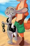  2017 :3 akiric anthro barefoot beach bedroom_eyes breasts bulge butt canine chest_tuft clothed clothing disney duo erection eyewear female fox furgonomics half-closed_eyes holding_object judy_hopps lagomorph looking_back male male/female mammal nick_wilde one-piece_swimsuit purple_eyes rabbit sand sea seaside seductive smile standing sunglasses swimming_trunks swimsuit tail_clothing topless tuft water wide_hips zootopia 