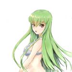  bikini bikini_top blush bow breasts c.c. code_geass eyebrows_visible_through_hair green_hair hair_between_eyes hair_bow kuroya lingyan_heiye long_hair medium_breasts open_mouth swimsuit upper_body white_background yellow_eyes 