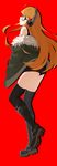  absurdres belt_boots black_footwear boots brown_hair coat cross-laced_footwear full_body fur_trim glasses headphones highres kent knee_boots lace-up_boots long_hair looking_back persona persona_5 purple_eyes red_background sakura_futaba shorts solo standing standing_on_one_leg thighhighs 
