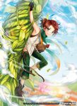  bandaid bandaid_on_nose bare_shoulders belt bird boots brown_hair chicken cloud copyright_name day feathers force_of_will gloves green_eyes jack_(force_of_will) jack_and_the_beanstalk leaf male_focus matsurika_youko official_art plant ponytail sky vines 