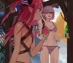  bikini blue_eyes blue_sky bottle bracelet claws commentary_request day eating elizabeth_bathory_(fate) elizabeth_bathory_(fate)_(all) fate/grand_order fate_(series) food glasses holding holding_bottle jewelry lifebuoy long_hair mash_kyrielight mifuji_kiichi multiple_girls pink_hair pointy_ears popsicle purple_eyes ramune red_hair sky striped striped_bikini swimsuit yakitori 