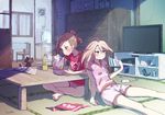  barefoot black_eyes blush brown_hair cat chopsticks eating holding holding_chopsticks hot indoors kagawa_yuusaku long_hair multiple_girls original short_hair shorts siblings sisters sitting sweat table television 