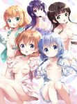  5girls :d :o artist_name bandaid bandaids_on_nipples bangs bare_legs barefoot blonde_hair blue_eyes blue_hair blunt_bangs breasts brown_hair collarbone commentary dated eyebrows_visible_through_hair flat_chest gochuumon_wa_usagi_desu_ka? green_eyes hair_between_eyes highres hood hood_down hoodie hoto_cocoa kafuu_chino kirima_sharo large_breasts light_brown_hair long_hair long_sleeves looking_at_viewer low_twintails medium_breasts multiple_girls naked_hoodie navel neki_(wakiko) nude open_clothes open_hoodie open_mouth open_shirt pasties purple_eyes purple_hair shiny shiny_hair short_hair sleeves_past_wrists small_breasts smile tedeza_rize twintails twitter_username ujimatsu_chiya 