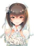  blush bouquet bridal_veil brown_eyes brown_hair collarbone dress eyebrows_visible_through_hair flower hair_between_eyes hair_flower hair_ornament headgear kamizuki_shiki kantai_collection lips shiny shiny_hair short_hair simple_background smile solo taihou_(kantai_collection) tearing_up veil wedding_dress white_background white_dress 