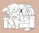  annoyed anthro asriel_dreemurr caprine chara_(undertale) child cub cup cute duo english_text female fur game_boy goat human lying male male/female mammal nintendo semi sitting sofa text undertale video_games white_fur young 