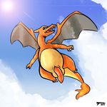  2017 animal_genitalia animal_penis anthro balls big_balls charizard claws cum digital_media_(artwork) dragon erection flying hi_res lens_flare looking_at_viewer male membranous_wings nintendo nude open_mouth outside penis pok&eacute;mon raburigaron simple_background sky slit solo tongue video_games wings 