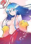  ? bangs blue_eyes blue_hair blush breasts chipa_(arutana) commentary_request cowboy_shot eyebrows_visible_through_hair fang groin hair_between_eyes highres horn long_hair medium_breasts momotarou_densetsu navel nipple_slip nipples open_clothes open_mouth pointy_ears sleeves_past_fingers sleeves_past_wrists solo spoken_question_mark stomach yasha 