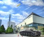  building caterpillar_tracks cloud cloudy_sky crusader_(tank) day dirigible emblem girls_und_panzer ground_vehicle military military_vehicle motor_vehicle no_humans outdoors r-ex real_world_location scenery sky st._gloriana's_(emblem) tank tank_focus traffic_cone yokohama 