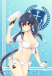  adapted_costume bikini black_hair blue_background bottle breasts bubble collarbone cropped_jacket gradient gradient_background hair_between_eyes hat hat_removed headwear_removed holding holding_hat ichinomiya_(blantte) kantai_collection logo long_hair looking_at_viewer medium_breasts navel ponytail red_eyes side-tie_bikini skindentation smile solo swimsuit upper_body very_long_hair white_bikini white_hat yahagi_(kantai_collection) 