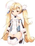  1girl :&lt; absurdres ahoge azur_lane bangs blonde_hair blush breasts brown_footwear character_name closed_mouth collarbone commentary_request detached_sleeves dress eldridge_(azur_lane) eyebrows_visible_through_hair fur-trimmed_boots fur_trim hair_ornament hairclip highres long_hair long_sleeves okappa_(bobbed001) puffy_long_sleeves puffy_sleeves red_eyes sidelocks simple_background sleeves_past_wrists small_breasts solo thighhighs twintails very_long_hair white_background white_dress white_legwear white_sleeves 