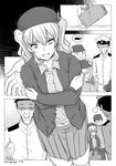  admiral_(kantai_collection) alternate_costume beckoning beret casual comic commentary english_commentary glasses greyscale hat highres jacket kantai_collection kashima_(kantai_collection) monochrome open_hand outstretched_hand robba-san_(wangphing) skirt spoken_ellipsis sweat trembling twintails wangphing 