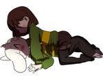  anthro asriel_dreemurr blush caprine chara_(undertale) child clothed clothing cub duo female fur goat hand_on_head human lying male male/female mammal semi undertale video_games white_fur young 