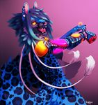  2013 5_fingers amber_eyes anthro bare_back black_lips breasts cat collar ear_piercing feline hair kero_tzuki mammal open_mouth piercing prosthetic purple_hair simpel_background smile solo teeth tongue 