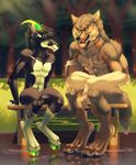  2014 4_toes amber_eyes antelope anthro black_hair black_lips black_nose brown_fur canine car detailed_background digitigrade duo forest fur gey_fur grass green_eues hair hooves horn kero_tzuki male mammal scared smile teeth toes tongue tree vehicle wolf 