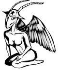  2015 animal_humanoid baphomet black_and_white breasts caprine demon facial_markings feathered_wings feathers featureless_breasts female goat_humanoid horn humanoid kneeling looking_at_viewer mammal markings monochrome navel nude simple_background star tggeko white_background winged_humanoid wings 