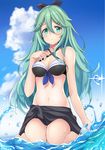  absurdres adapted_costume bikini black_ribbon blue_ribbon blue_sky blush breasts choker cloud commentary_request day front-tie_bikini front-tie_top green_eyes green_hair hair_between_eyes hair_ornament hair_ribbon hairclip highres kantai_collection long_hair looking_at_viewer medium_breasts nagiha_kuten navel ribbon sarong sitting skirt sky solo swimsuit wariza water yamakaze_(kantai_collection) 