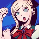  black_ribbon blonde_hair blue_background blue_eyes bow bowtie danganronpa hair_ribbon long_hair open_mouth qosic red_bow red_neckwear ribbon solo sonia_nevermind super_danganronpa_2 upper_body 