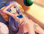  angora_rabbit animal arm_up armpits blue_eyes blush breasts bunny chinomaron collarbone commentary_request day dress eyebrows_visible_through_hair food from_above fruit gochuumon_wa_usagi_desu_ka? hair_ornament hairclip highres indoors kafuu_chino knee_up light_blue_hair long_hair looking_at_viewer lying on_back open_mouth signature sleeveless sleeveless_dress small_breasts solo sunlight tatami tippy_(gochiusa) watermelon white_dress x_hair_ornament 