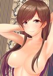  armpits arms_behind_head arms_up blush breasts commentary_request hair_censor hair_over_breasts highres idolmaster idolmaster_cinderella_girls long_hair looking_at_viewer medium_breasts nitta_minami nude smile solo taka_(takahirokun) 
