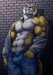  2017 abs anthro biceps bomb_(artist) brick_wall clothing deep_navel feline jeans male mammal muscular muscular_male navel nipples pants pecs shirt solo stripes teeth tiger 