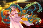  animal_ears aqua_eyes aqua_hair commentary_request fox_ears hatsune_miku highres holding japanese_clothes kimono long_hair looking_at_viewer solo thick_eyebrows very_long_hair vocaloid wide_sleeves yoridoriyk 