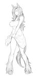 absurdres breasts dress fur greyscale highres hooves large_breasts legs_apart less looking_at_viewer monochrome monster_girl simple_background skirt_hold slit_pupils solo standing tail thighs white_background 