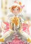  1girl bangs bare_shoulders blurry blurry_background blush bouquet bow bridal_veil choker dress earrings flower frilled_dress frills hair_ornament highres hoshizora_rin jewelry looking_at_viewer love_live! love_live!_school_idol_project megumi_cv off_shoulder orange_hair pink_bow short_hair sleeveless sleeveless_dress smile solo veil wedding_dress yellow_eyes yellow_flower 