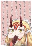  blonde_hair chibi chocolate chocolate_bar commentary_request eating facial_mark fate/grand_order fate_(series) horns ibaraki_douji_(fate/grand_order) japanese_clothes kimono long_hair oni_horns puffy_cheeks solo upper_body yellow_eyes yume_(i_think.) 
