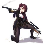  :o bangs black_footwear black_gloves boots braid breasts bullpup commentary cropped_jacket girls_frontline gloves gun hair_ribbon handgun highres holding holding_gun holding_weapon long_hair long_sleeves medium_breasts military military_uniform narynn one_knee one_side_up pantyhose pistol purple_hair purple_ribbon red_eyes ribbon rifle shadow shell_casing simple_background sniper_rifle solo suppressor thighs uniform v-shaped_eyebrows wa2000_(girls_frontline) walther walther_p99 walther_wa_2000 weapon white_background 