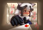  1girl absurdres animal_ears black_gloves black_hair blue_sailor_collar blue_serafuku blush brown_eyes commentary_request fur-trimmed_sleeves fur_collar fur_trim gloves hakumaiya hand_on_own_chest highres kemono_friends letter looking_to_the_side love_letter multicolored_hair neckerchief onomatopoeia outstretched_hand pursed_lips raccoon_ears sailor_collar school_uniform serafuku shoe_locker sidelocks solo standing sweatdrop tanuki_(kemono_friends) trembling two-tone_hair upper_body white_hair white_neckwear 