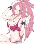  1girl bangs bikini breasts cleavage closed_mouth collarbone facial_scar fate/extra fate_(series) francis_drake_(fate) green_eyes large_breasts long_hair looking_at_viewer navel pink_hair ponytail scar simple_background smile solo swimsuit very_long_hair white_background wrist_cuffs yukitaka_(zzzzz) 