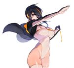  @_@ arm_up black_eyes black_hair breasts covered_navel cowboy_shot emperor_penguin_(kemono_friends) hair_over_one_eye headphones henshin_pose impossible_clothes impossible_leotard jacket kamen_rider kemono_friends large_breasts leotard looking_at_viewer multicolored_hair olys open_clothes open_jacket open_mouth outstretched_arm pose simple_background skindentation solo streaked_hair thighhighs wavy_mouth white_background white_legwear 