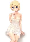  areola_slip areolae bangs banned_artist blonde_hair blue_eyes blush braid breasts cleavage closed_mouth collarbone covered_nipples cup darjeeling eyebrows_visible_through_hair girls_und_panzer hair_between_eyes hand_up highres holding holding_cup looking_at_viewer medium_breasts n.g. naked_towel see-through shadow simple_background sitting smile solo teacup thighs tied_hair towel white_background 