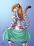  2017 anthro bedroom_eyes bell breasts butt feline female fur green_eyes hair half-closed_eyes heresy_(artist) looking_at_viewer looking_back mammal nude red_hair ribbons seductive side_boob solo stripes tail_ribbon tiger towel white_fur 