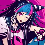  ;d blue_hair blue_legwear danganronpa fingerless_gloves gloves jewelry long_hair looking_at_viewer mioda_ibuki multicolored_hair neckerchief necklace one_eye_closed open_mouth piercing qosic red_eyes red_neckwear ring shirt short_sleeves smile solo striped striped_gloves super_danganronpa_2 thighhighs torn_clothes torn_legwear white_shirt 