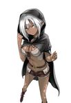  belt blue_eyes boots breasts brown_legwear cleavage cloak closed_mouth copyright_request cross-laced_footwear cutoffs dark_skin front-tie_top highres hood hooded_cloak hoodie large_breasts looking_at_viewer midriff navel non-web_source open_fly pointy_ears short_hair short_shorts shorts simple_background solo tea_(nakenashi) white_background white_hair 