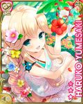  bikini blonde_hair braid bug butterfly character_name dress flower garden girlfriend_(kari) green_eyes hair_flower hair_ornament hand_on_lap heliconia hibiscus holding holding_flower insect leaf long_hair open_mouth petals plumeria sitting smile sundress swimsuit swimsuit_under_clothes yumesaki_haruko 