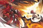  1girl armor armored_dress battle crimson_avenger_(elsword) duel elesis_(elsword) elsword elsword_(character) energy_sword gloves long_hair lord_knight_(elsword) octoman ponytail red_eyes red_hair sword thighhighs weapon wings 