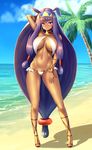  absurdly_long_hair arm_up armpits ass_visible_through_thighs beach blush breasts cameltoe dark_skin day fate/grand_order fate_(series) highres long_hair looking_at_viewer low-tied_long_hair medium_breasts nitocris_(fate/grand_order) palm_tree purple_eyes purple_hair raised_eyebrows shadow swimsuit thighs tree very_long_hair zukky 