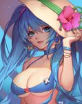  arm_up bare_shoulders bikini_top blue_background blue_bikini_top blue_choker blue_eyes blue_hair bracelet breasts choker cleavage collarbone flower hair_between_eyes hand_on_headwear hat hat_flower heart hibiscus jewelry large_breasts league_of_legends long_hair looking_at_viewer open_mouth simple_background smile solo sona_buvelle songjikyo sun_hat upper_body 